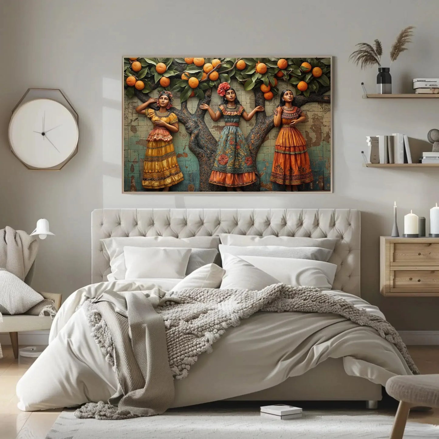Three Mexican Woman under orange tree 3D illusion wall Decor Mexican Culture Art Modern Mexican Wall Decor large Canvas Print Ready to Hang Wall Art – Canvas Print