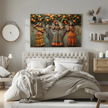 Three Mexican Woman under orange tree 3D illusion wall Decor Mexican Culture Art Modern Mexican Wall Decor large Canvas Print Ready to Hang Wall Art – Canvas Print