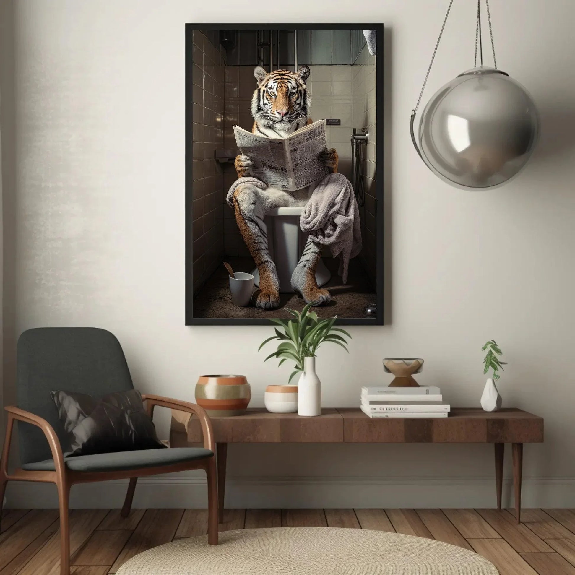 Majestic Tiger Reading Newspaper On The Toilet Animal Lovers Gift Canvas Painting Funny Bathroom Art Framed Print Wildlife Art Ready To Hang Wall Art – Canvas Print