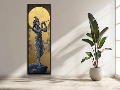 Lord Krishna Tall Canvas Painting, Hindu Spiritual Wall Decor, Krishna Playing Flute Under Golden Moon, Indian Art for Home, Ready to Hang Wall Art – Canvas Print