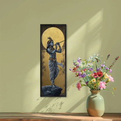 Lord Krishna Tall Canvas Painting, Hindu Spiritual Wall Decor, Krishna Playing Flute Under Golden Moon, Indian Art for Home, Ready to Hang Wall Art – Canvas Print