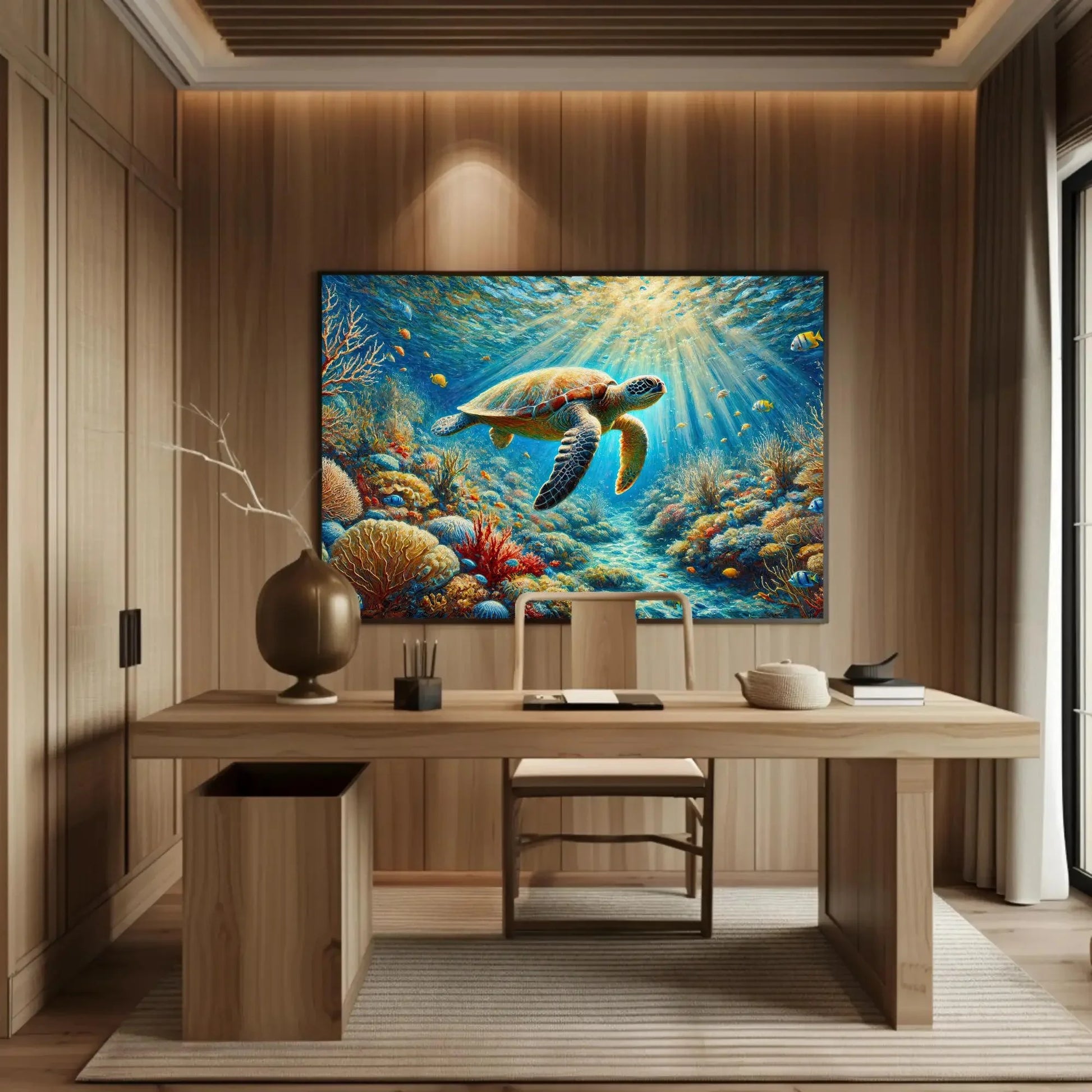 Serene Sea Turtle in a Coral Reef Canvas Print | Underwater Wildlife Oil Painting | Nature Wall Art for Living Room Bedroom | Ready to Hang Wall Art – Canvas Print