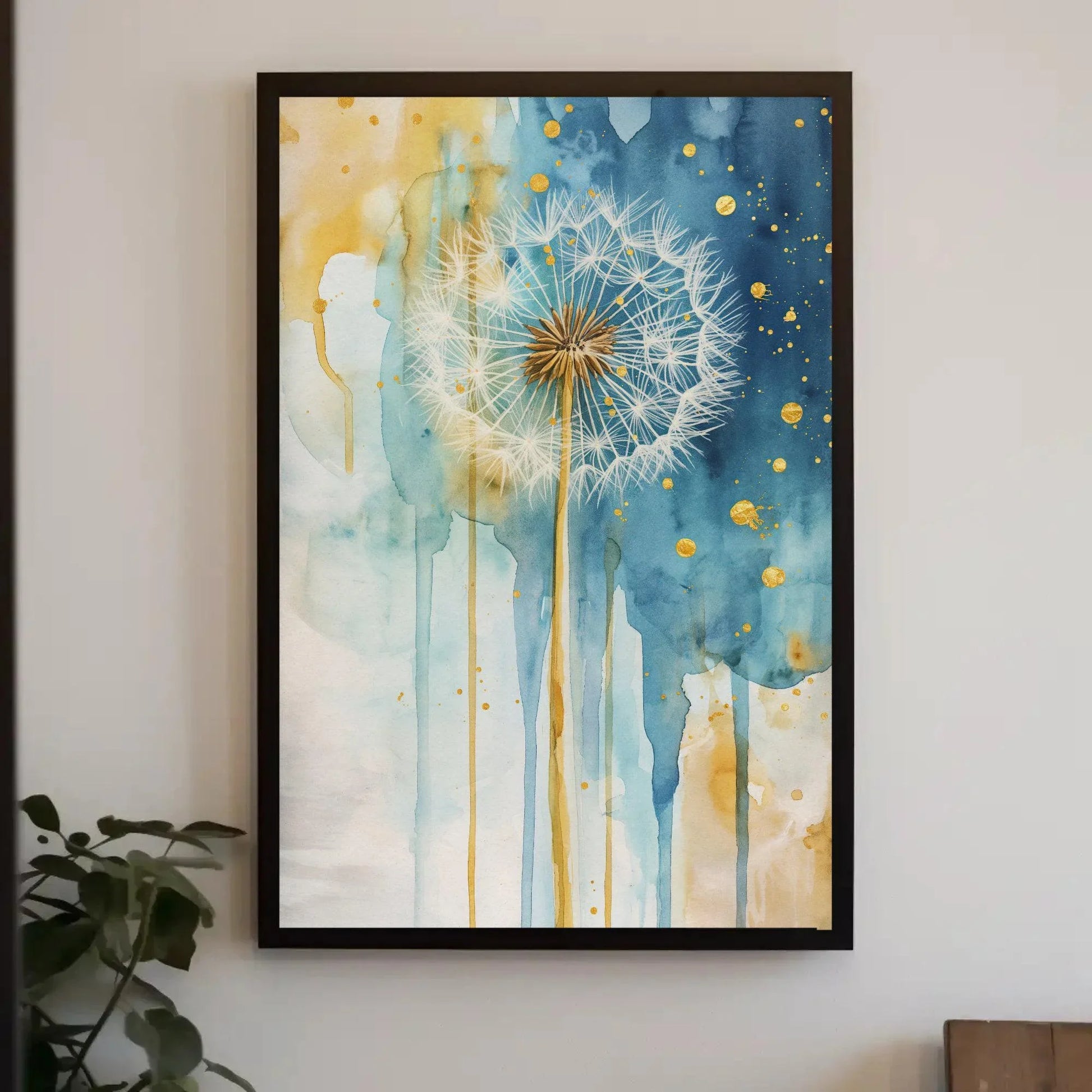 Dandelion Wall Art, Gold Indigo Decor, Framed Large Canvas Decor, Rustic Wall Decor, Plant Wall Decor, Ready To Hang Wall Art – Canvas Print