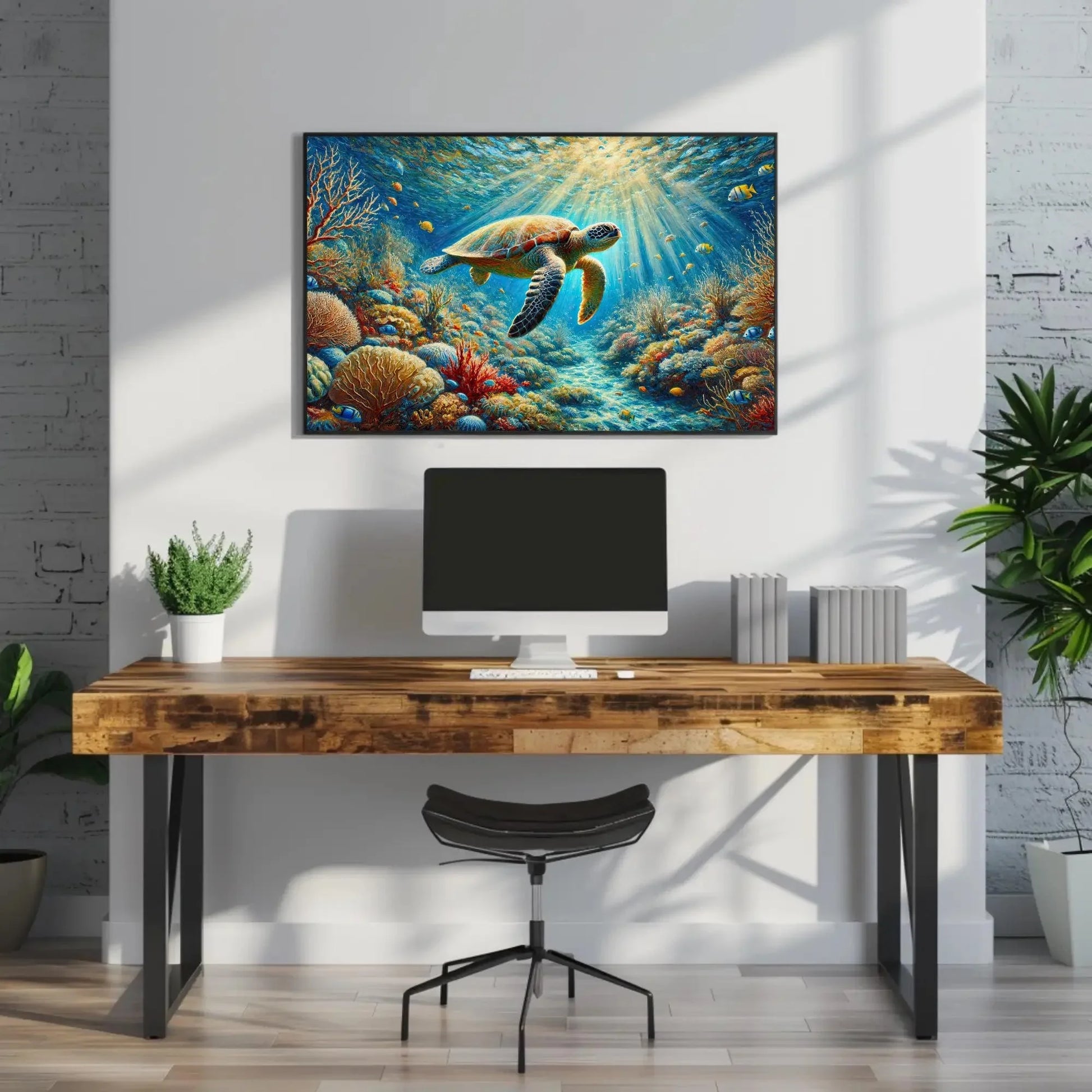 Serene Sea Turtle in a Coral Reef Canvas Print | Underwater Wildlife Oil Painting | Nature Wall Art for Living Room Bedroom | Ready to Hang Wall Art – Canvas Print