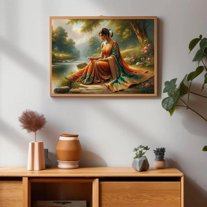 Indian Woman Sitting Along a River Shore painting, Indian Home Decor, Large Canvas Framed Print, Signed, South Asian Wall Art, Desi Art Wall Art – Canvas Print