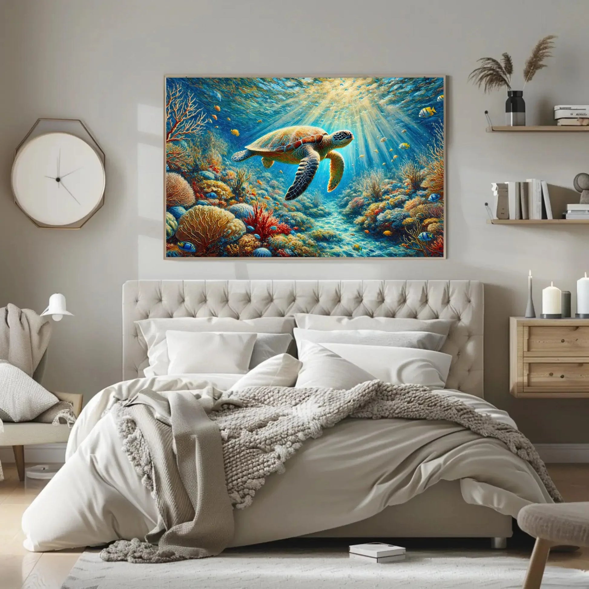 Serene Sea Turtle in a Coral Reef Canvas Print | Underwater Wildlife Oil Painting | Nature Wall Art for Living Room Bedroom | Ready to Hang Wall Art – Canvas Print