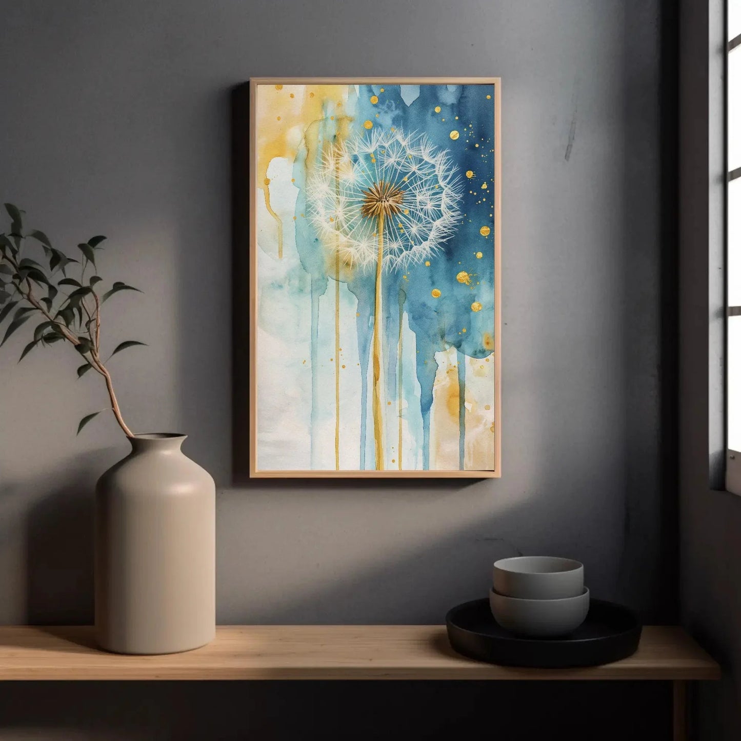 Dandelion Wall Art, Gold Indigo Decor, Framed Large Canvas Decor, Rustic Wall Decor, Plant Wall Decor, Ready To Hang Wall Art – Canvas Print
