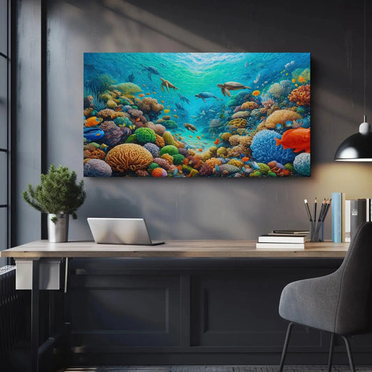 Coastal Reef with Marine Life Canvas Painting, Blue Ocean Framed Print, Underwater Scene Art, Ideal for Living Room, Bedroom, Office Decor Wall Art – Canvas Print