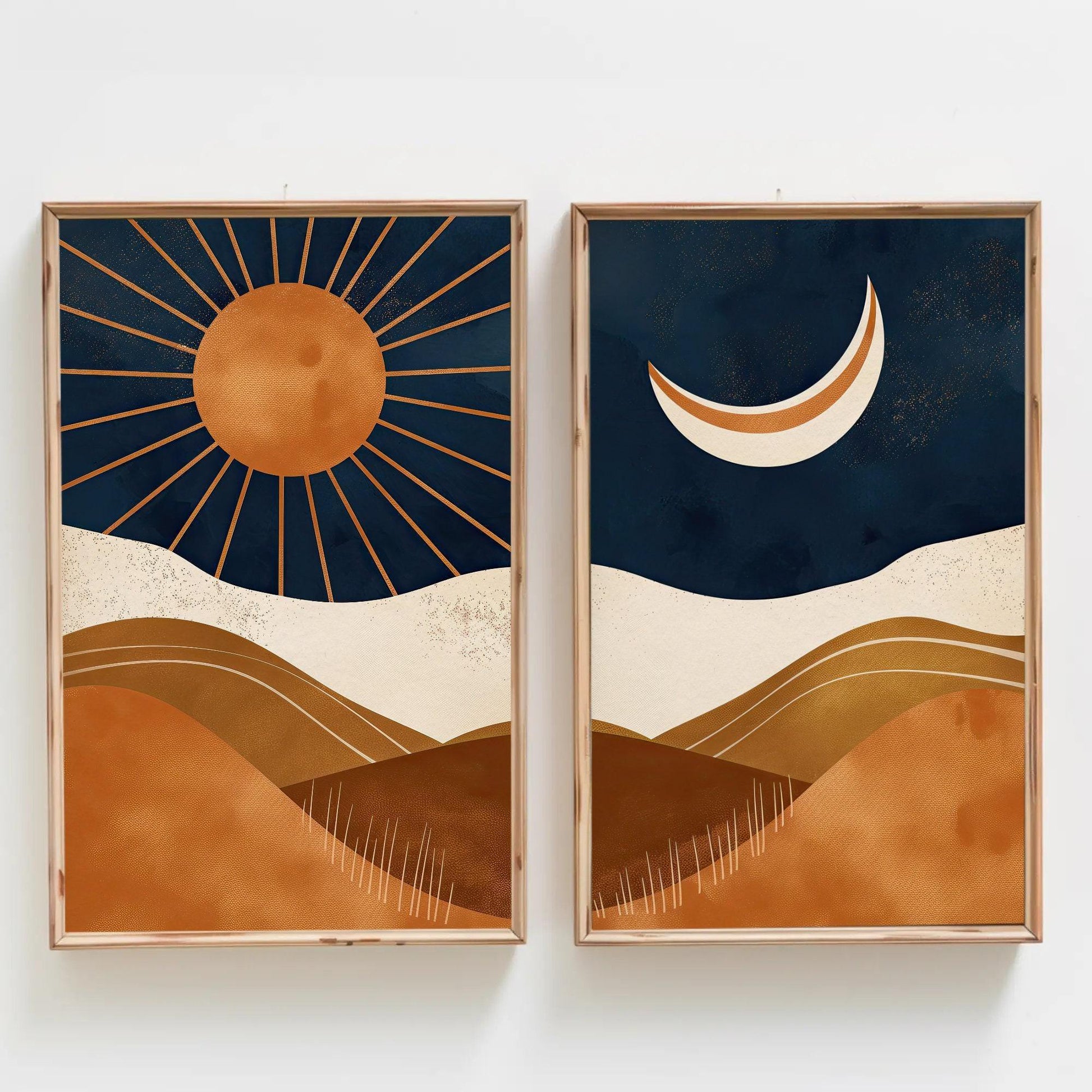 Boho Chic Sun And Moon Canvas Art Set Of 2 - Abstract Mid-Century Modern Wall Decor, Unframed Sunset Posters For Living Room & Bedroom Wall Art – Canvas Print