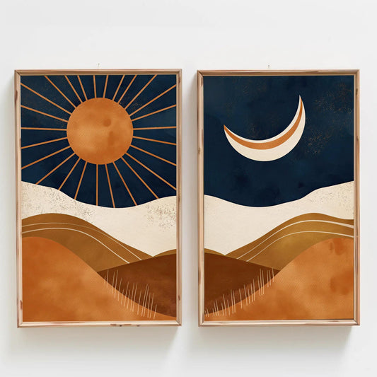 Boho Chic Sun And Moon Canvas Art Set Of 2 - Abstract Mid-Century Modern Wall Decor, Unframed Sunset Posters For Living Room & Bedroom Wall Art – Canvas Print