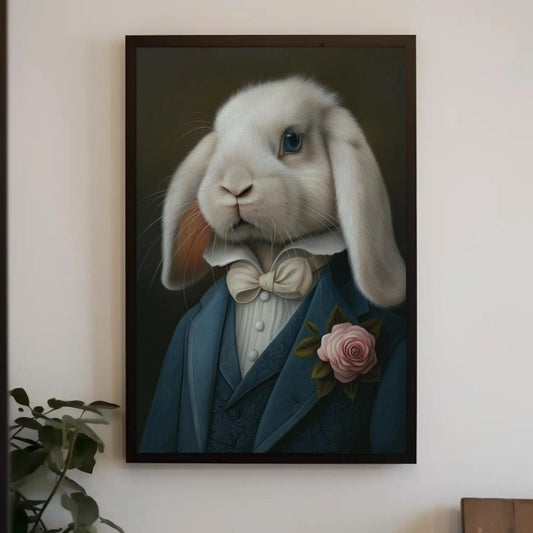 White Blue-Eyed Holland Lop Canvas Print, Victorian Bunny Painting, Framed Vintage Rabbit Wall Art for Nursery or Living Room, Ready to Hang Wall Art – Canvas Print