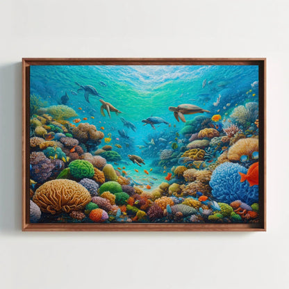 Coastal Reef with Marine Life Canvas Painting, Blue Ocean Framed Print, Underwater Scene Art, Ideal for Living Room, Bedroom, Office Decor Wall Art – Canvas Print