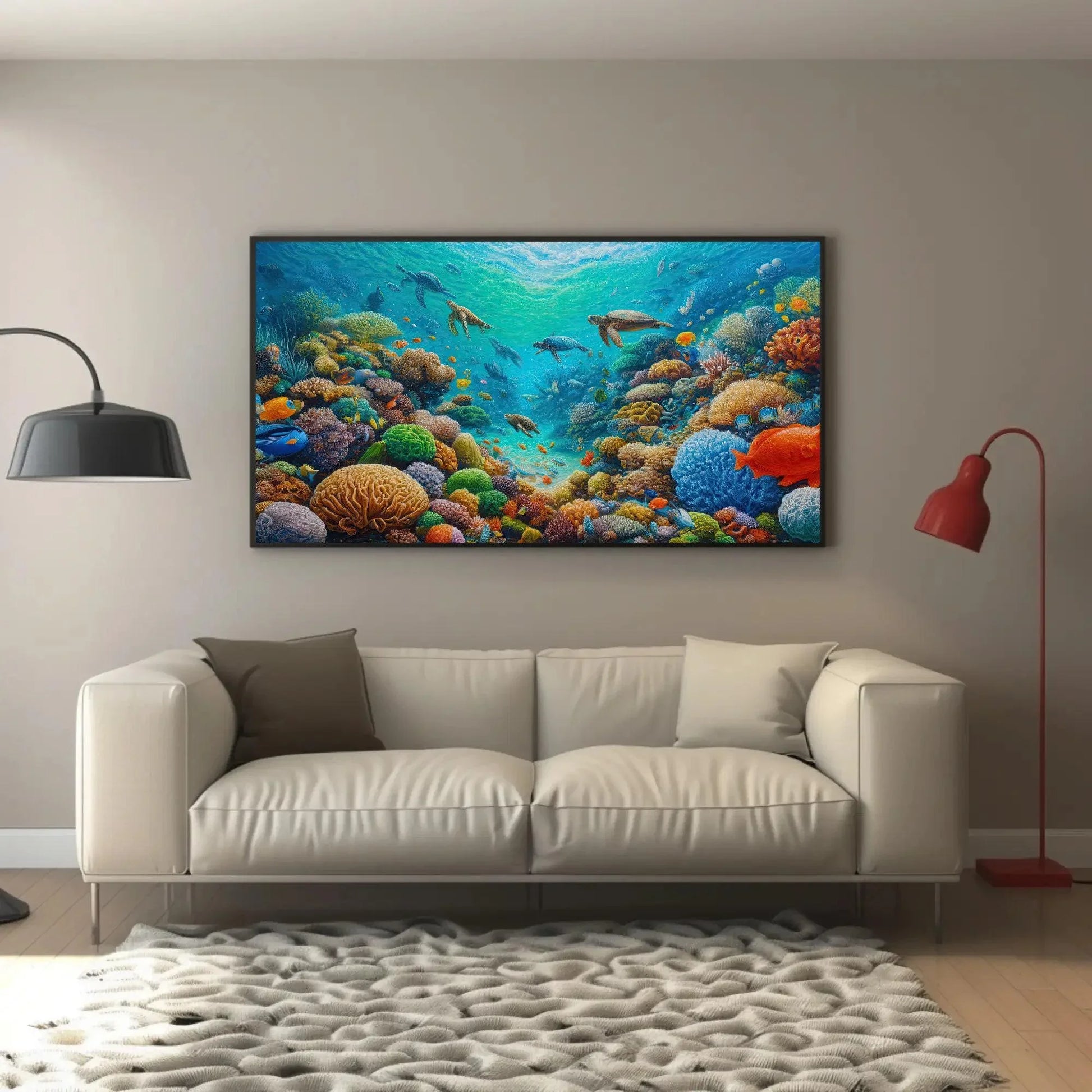 Coastal Reef with Marine Life Canvas Painting, Blue Ocean Framed Print, Underwater Scene Art, Ideal for Living Room, Bedroom, Office Decor Wall Art – Canvas Print