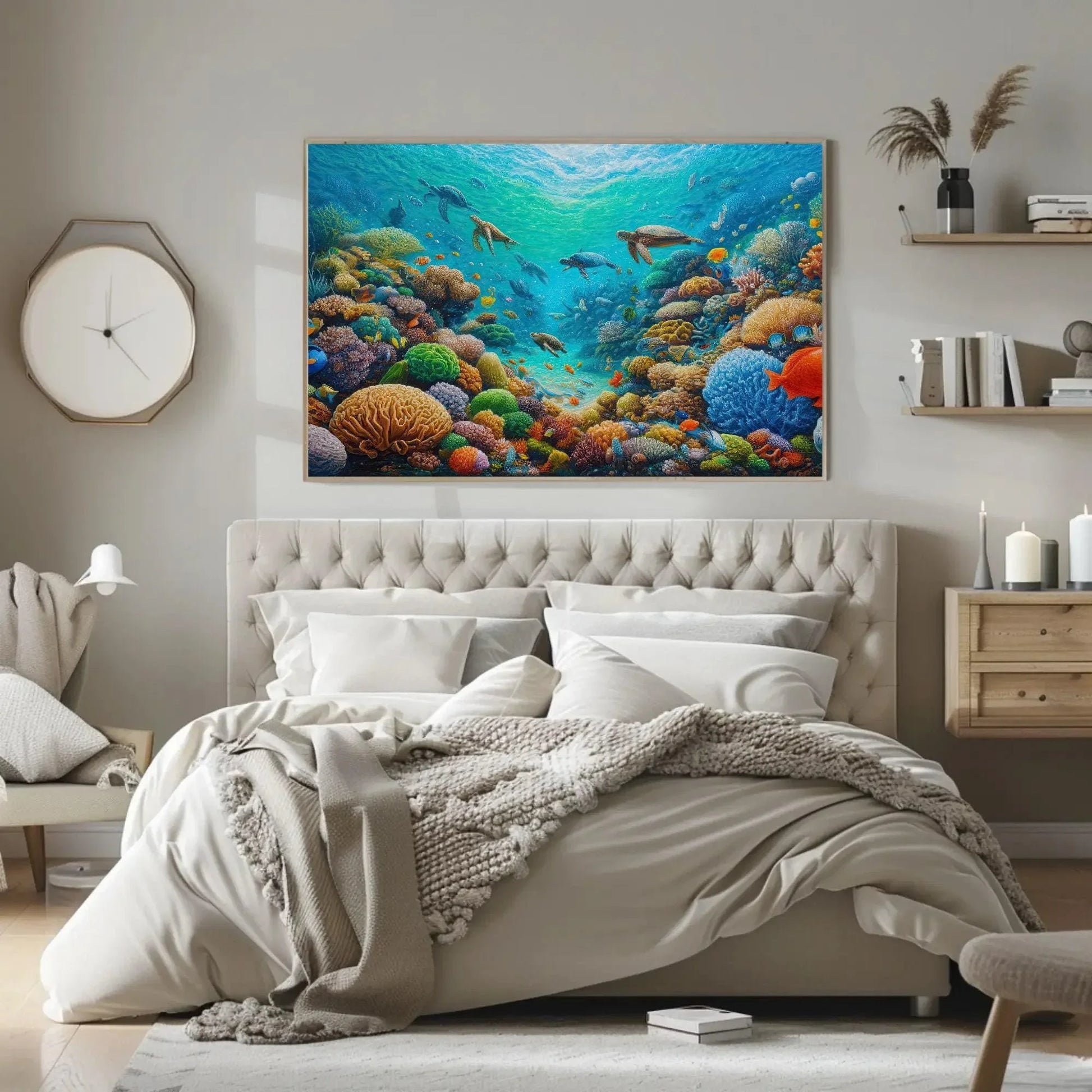 Coastal Reef with Marine Life Canvas Painting, Blue Ocean Framed Print, Underwater Scene Art, Ideal for Living Room, Bedroom, Office Decor Wall Art – Canvas Print