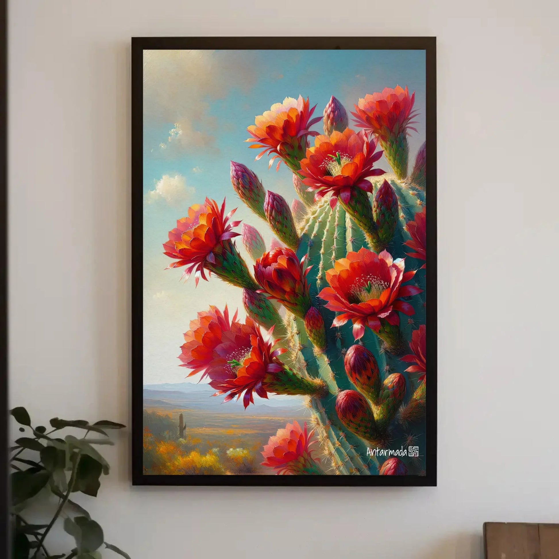 Blooming Red cactus flowers Vertical Painting, South Wester Decor, Mexican Cactus Art, Desert Framed Print, Large Canvas, Ready to Hang Wall Art – Canvas Print