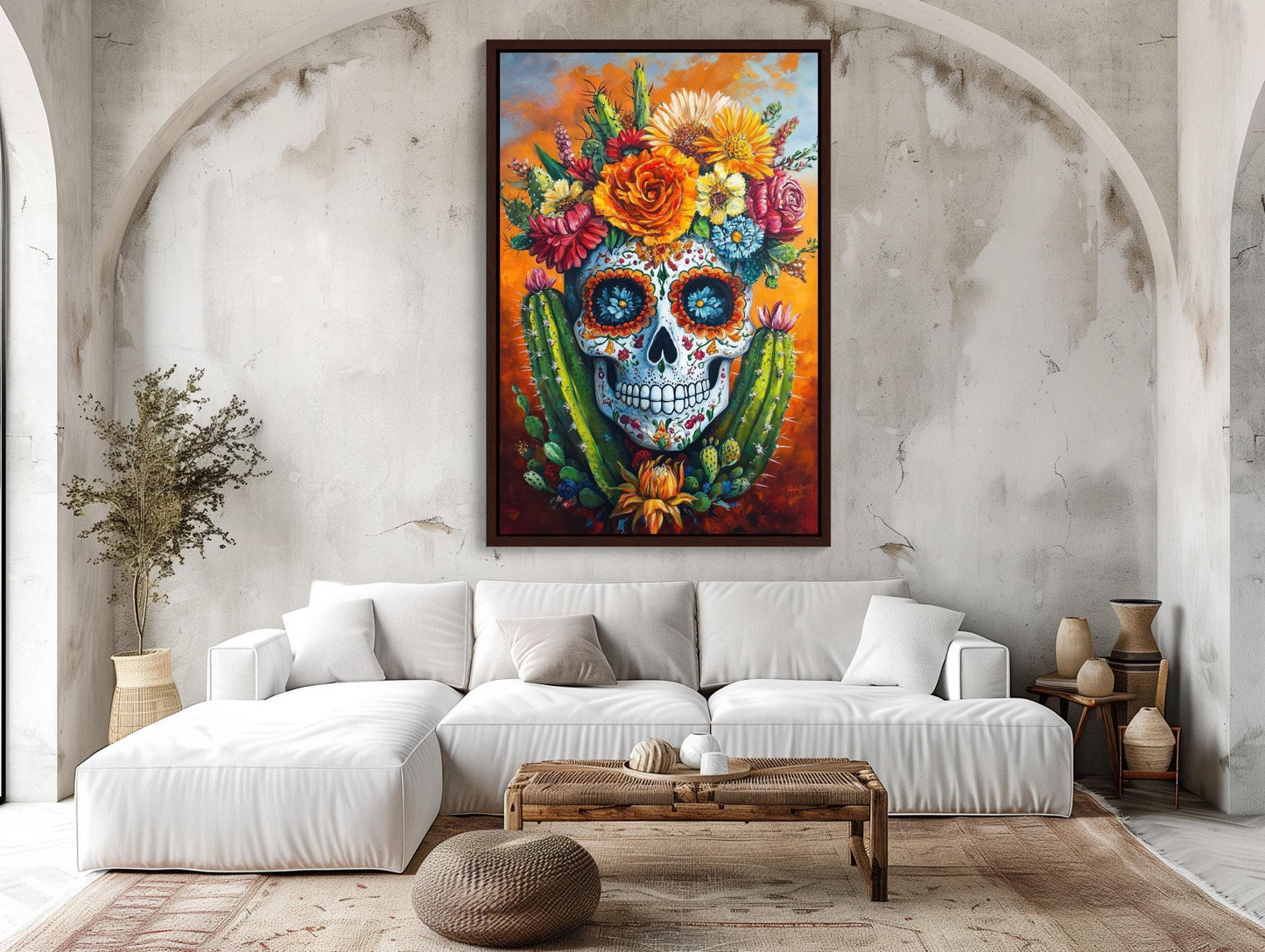 Mexican Sugar Skull with Cactus Canvas Print, Colorful Day of the Dead Art, Vibrant Mexican Wall Decor, Traditional Folk Painting Wall Art – Canvas Print