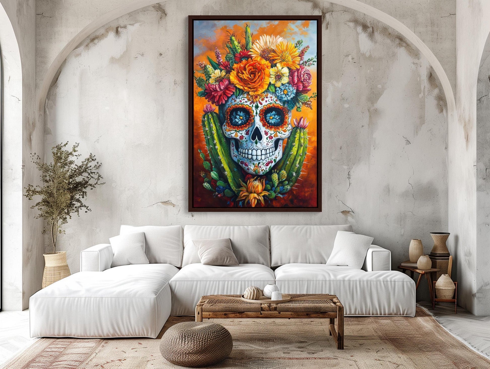 Mexican Sugar Skull with Cactus Canvas Print, Colorful Day of the Dead Art, Vibrant Mexican Wall Decor, Traditional Folk Painting Wall Art – Canvas Print