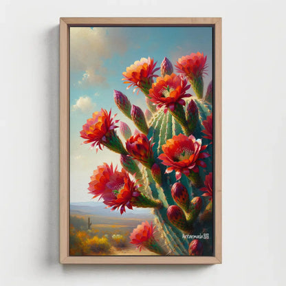 Blooming Red cactus flowers Vertical Painting, South Wester Decor, Mexican Cactus Art, Desert Framed Print, Large Canvas, Ready to Hang Wall Art – Canvas Print