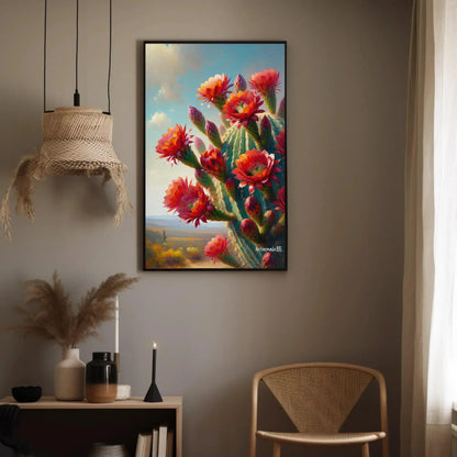 Blooming Red cactus flowers Vertical Painting, South Wester Decor, Mexican Cactus Art, Desert Framed Print, Large Canvas, Ready to Hang Wall Art – Canvas Print