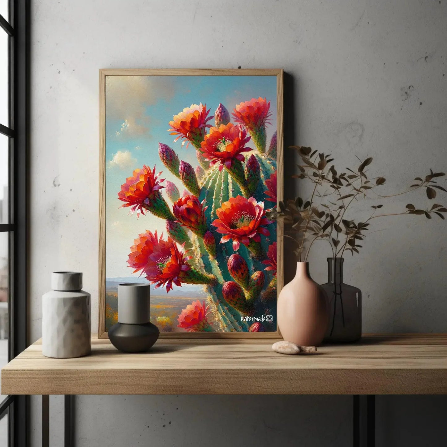 Blooming Red cactus flowers Vertical Painting, South Wester Decor, Mexican Cactus Art, Desert Framed Print, Large Canvas, Ready to Hang Wall Art – Canvas Print