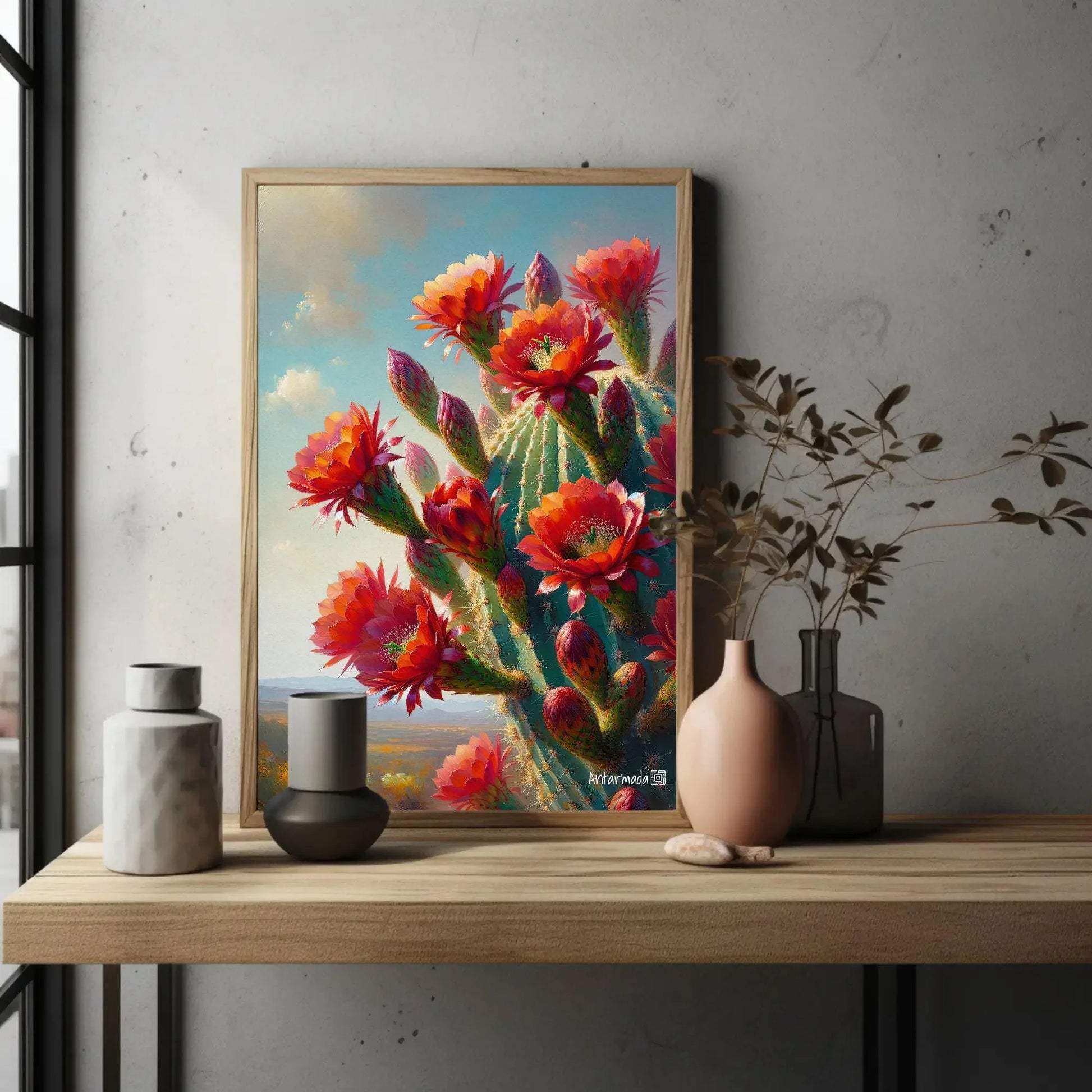 Blooming Red cactus flowers Vertical Painting, South Wester Decor, Mexican Cactus Art, Desert Framed Print, Large Canvas, Ready to Hang Wall Art – Canvas Print