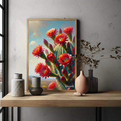 Blooming Red cactus flowers Vertical Painting, South Wester Decor, Mexican Cactus Art, Desert Framed Print, Large Canvas, Ready to Hang Wall Art – Canvas Print