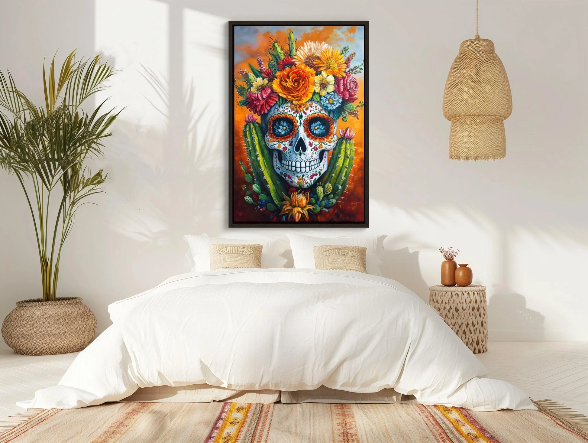 Mexican Sugar Skull with Cactus Canvas Print, Colorful Day of the Dead Art, Vibrant Mexican Wall Decor, Traditional Folk Painting Wall Art – Canvas Print