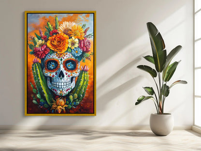 Mexican Sugar Skull with Cactus Canvas Print, Colorful Day of the Dead Art, Vibrant Mexican Wall Decor, Traditional Folk Painting Wall Art – Canvas Print
