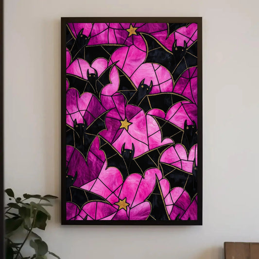 Bats and Stained Glass Spider Web Effect Canvas Print, Halloween Wall Art, Gothic Spooky Decor for Living Room or Entryway, Ready to Hang Wall Art – Canvas Print