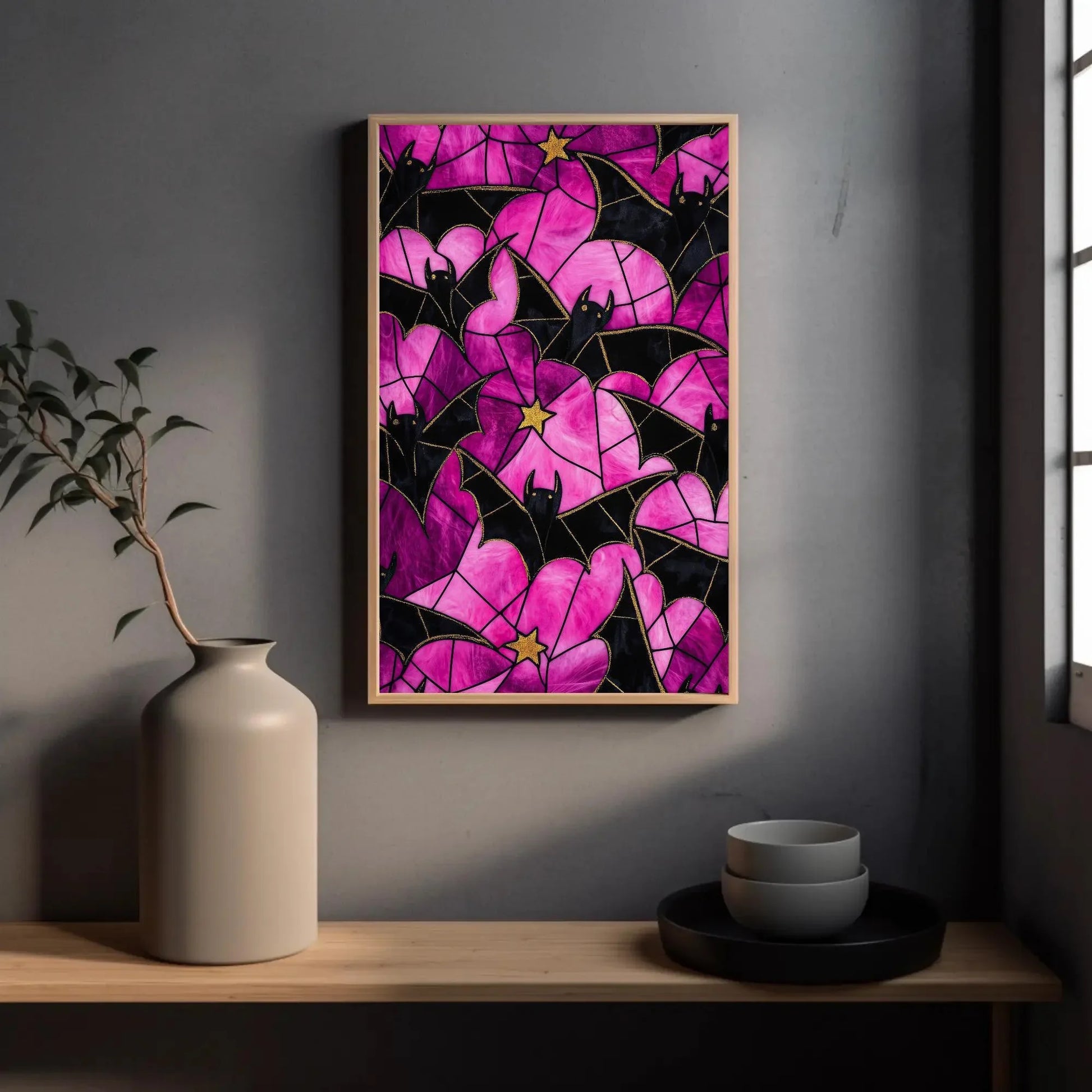 Bats and Stained Glass Spider Web Effect Canvas Print, Halloween Wall Art, Gothic Spooky Decor for Living Room or Entryway, Ready to Hang Wall Art – Canvas Print