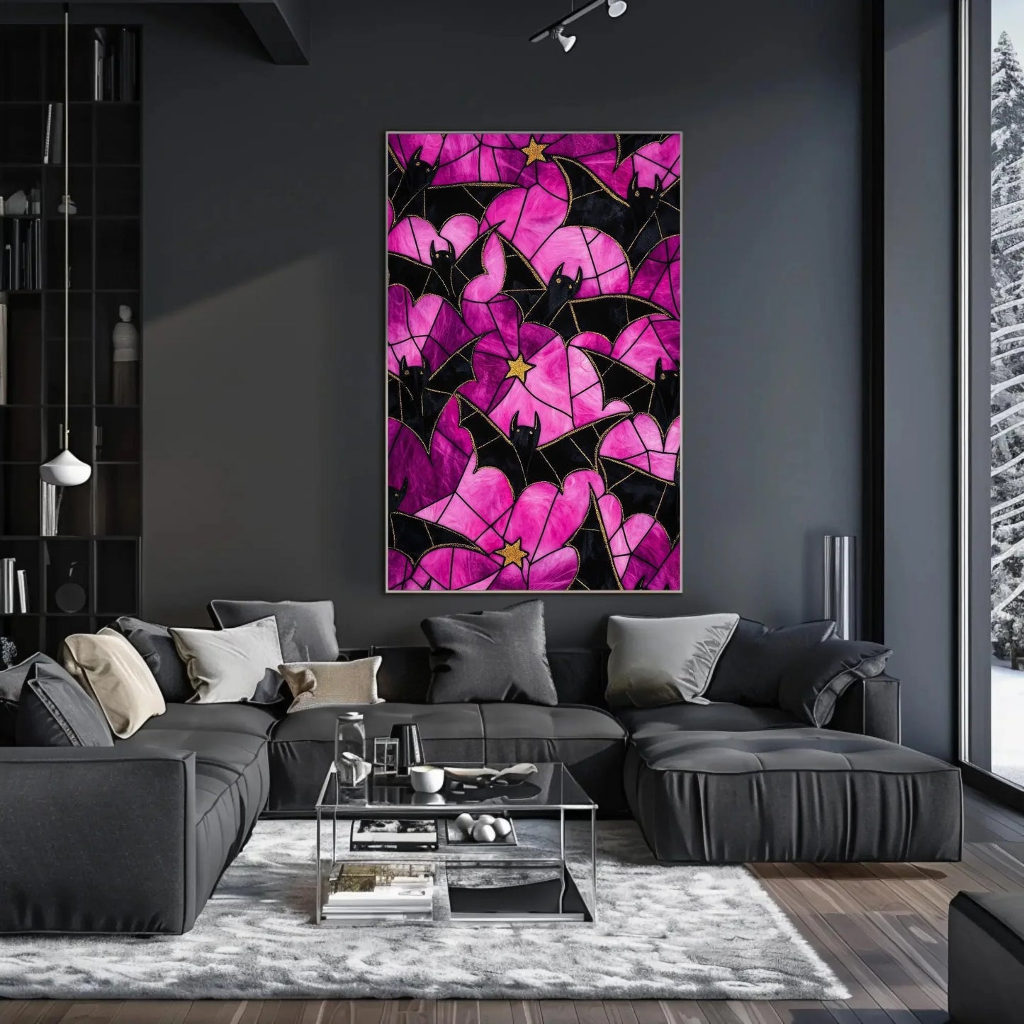 Bats and Stained Glass Spider Web Effect Canvas Print, Halloween Wall Art, Gothic Spooky Decor for Living Room or Entryway, Ready to Hang Wall Art – Canvas Print