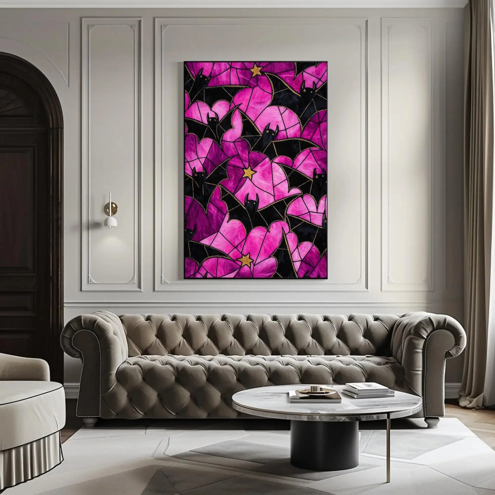 Bats and Stained Glass Spider Web Effect Canvas Print, Halloween Wall Art, Gothic Spooky Decor for Living Room or Entryway, Ready to Hang Wall Art – Canvas Print