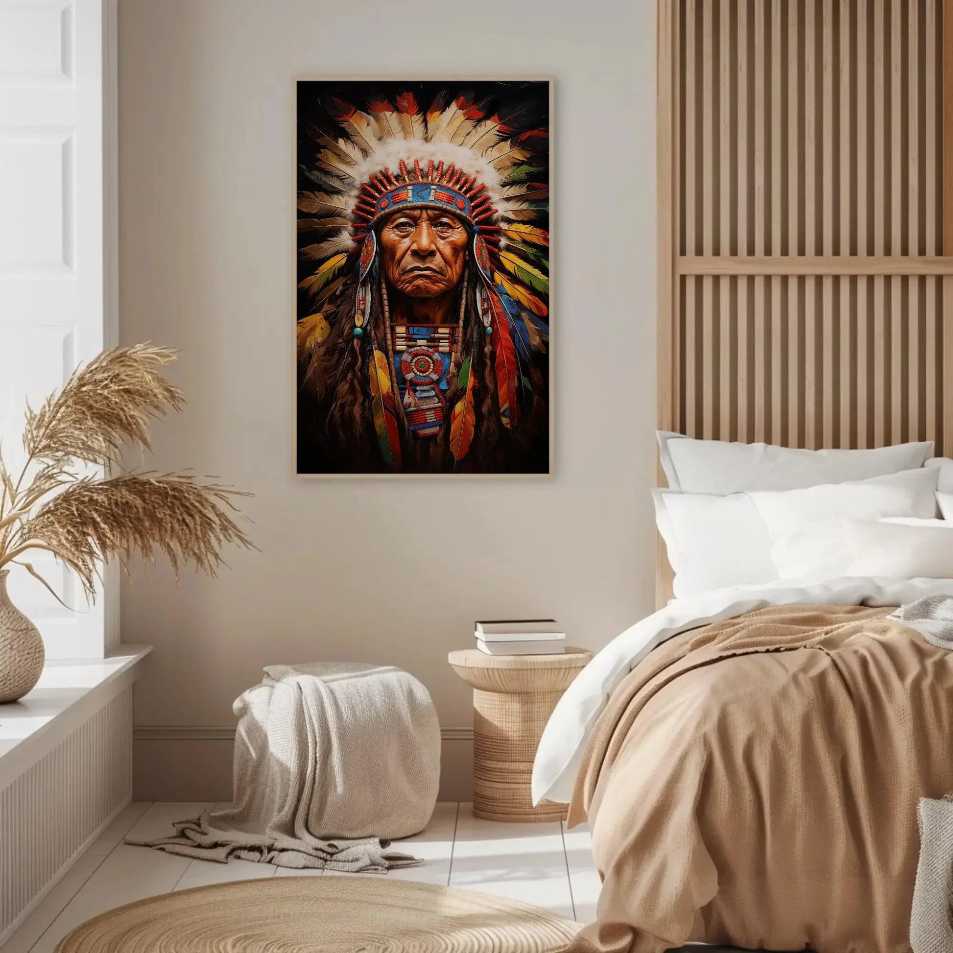 Indian Chief Canvas Art, Native American Indigenous Leader Painting, Colorful Wall Decor, Ready to Hang for Living Room, Bedroom, Office Wall Art – Canvas Print