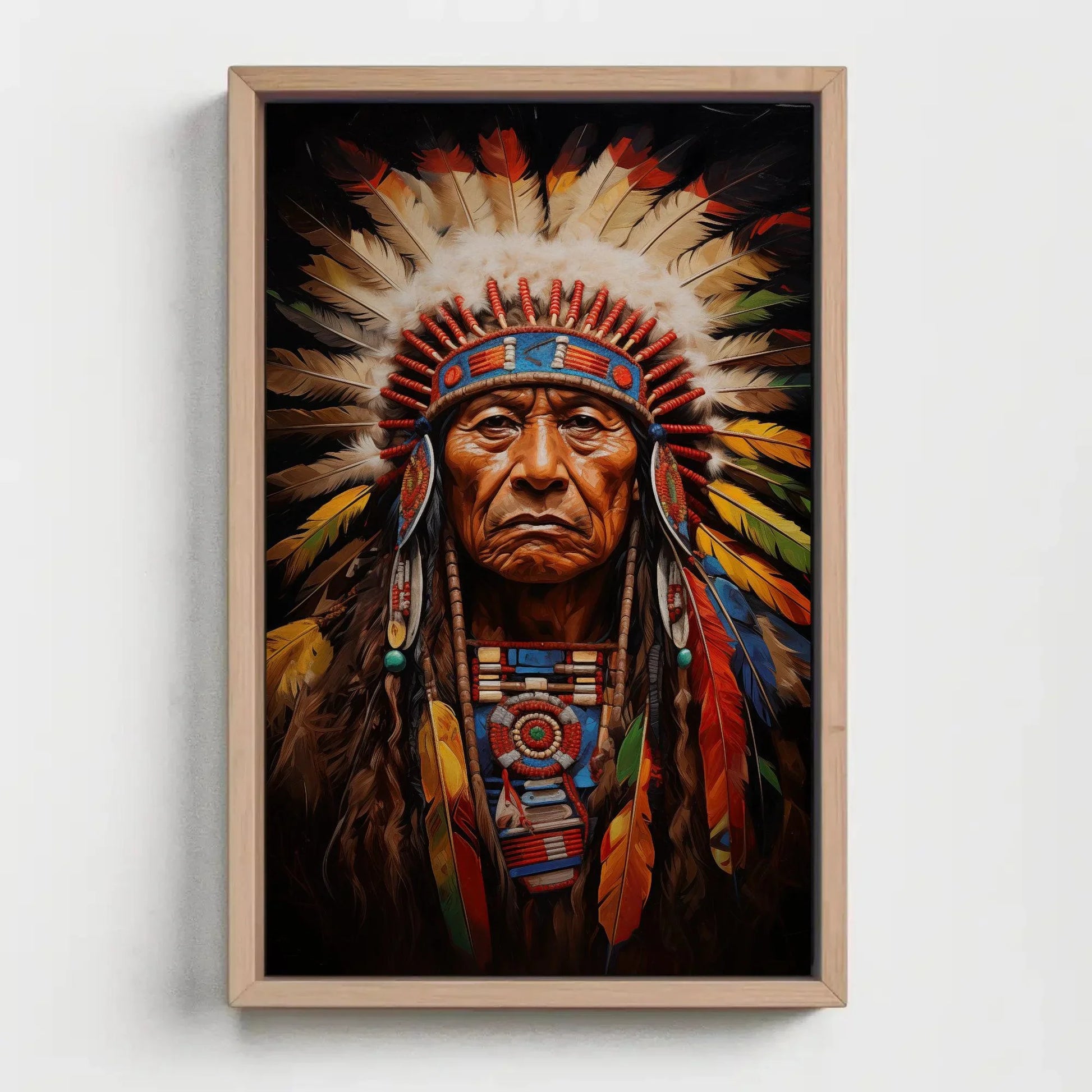 Indian Chief Canvas Art, Native American Indigenous Leader Painting, Colorful Wall Decor, Ready to Hang for Living Room, Bedroom, Office Wall Art – Canvas Print