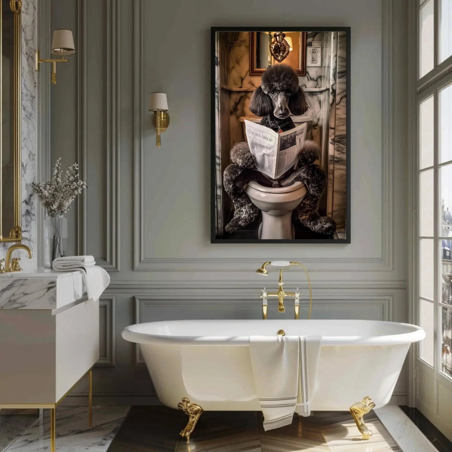 Black Poodle Dog Reading Newspaper on Toilet Canvas Print - Toilet Humor - Whimsical Bathroom Art - Funny Animal Print - HQ Ready to Hang Wall Art – Canvas Print