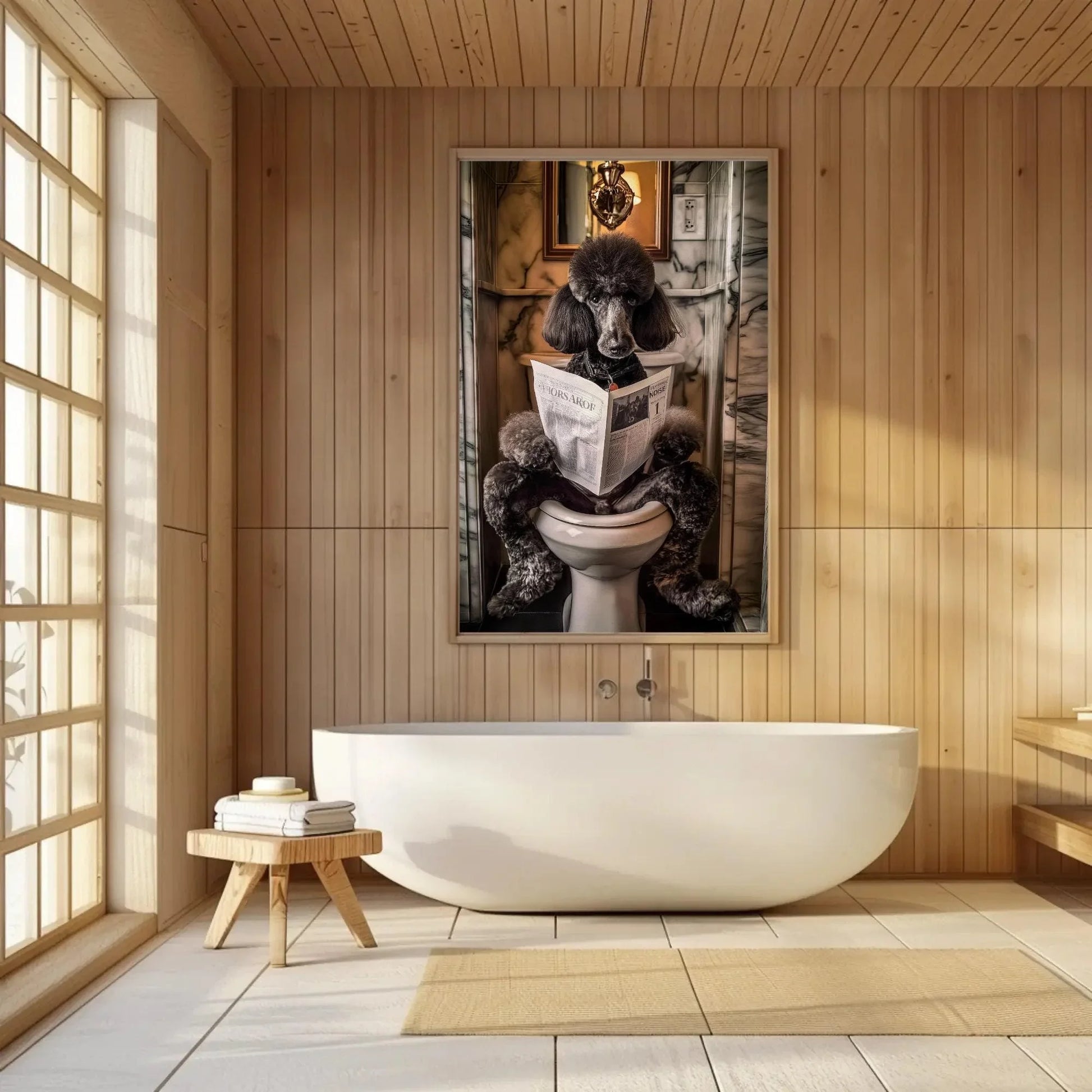 Black Poodle Dog Reading Newspaper on Toilet Canvas Print - Toilet Humor - Whimsical Bathroom Art - Funny Animal Print - HQ Ready to Hang Wall Art – Canvas Print