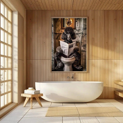 Black Poodle Dog Reading Newspaper on Toilet Canvas Print - Toilet Humor - Whimsical Bathroom Art - Funny Animal Print - HQ Ready to Hang Wall Art – Canvas Print
