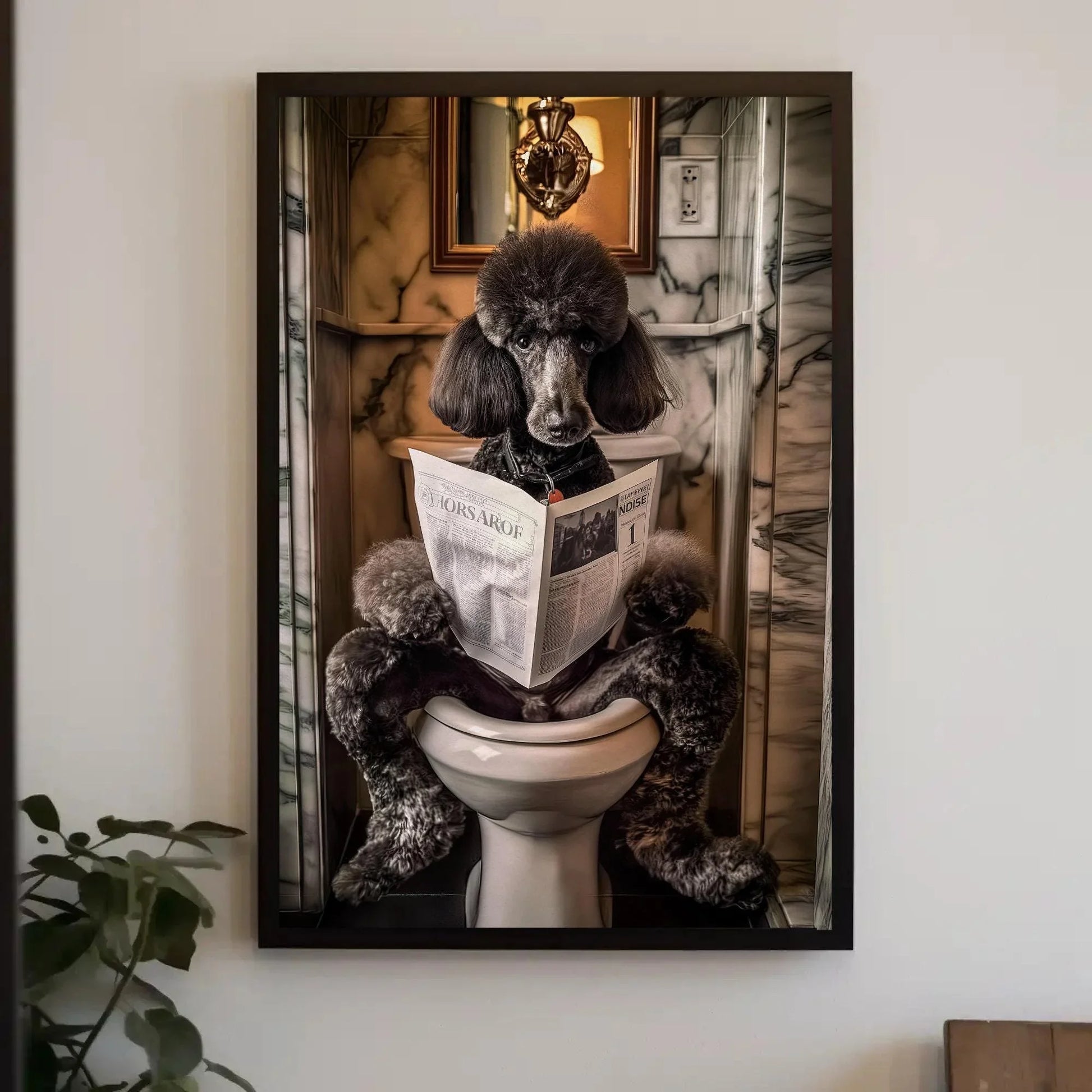 Black Poodle Dog Reading Newspaper on Toilet Canvas Print - Toilet Humor - Whimsical Bathroom Art - Funny Animal Print - HQ Ready to Hang Wall Art – Canvas Print