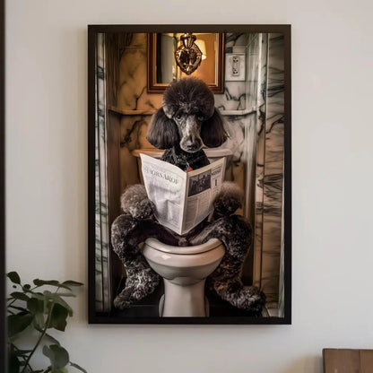 Black Poodle Dog Reading Newspaper on Toilet Canvas Print - Toilet Humor - Whimsical Bathroom Art - Funny Animal Print - HQ Ready to Hang Wall Art – Canvas Print