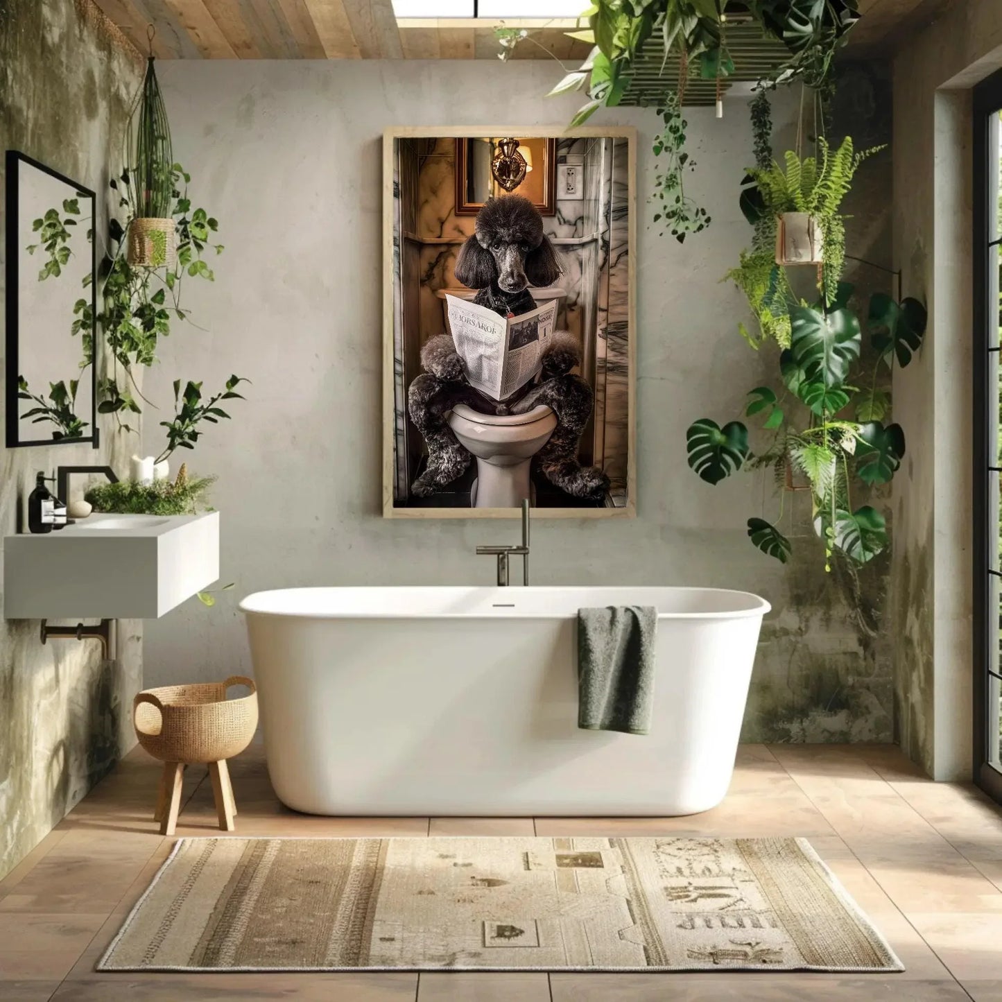 Black Poodle Dog Reading Newspaper on Toilet Canvas Print - Toilet Humor - Whimsical Bathroom Art - Funny Animal Print - HQ Ready to Hang Wall Art – Canvas Print