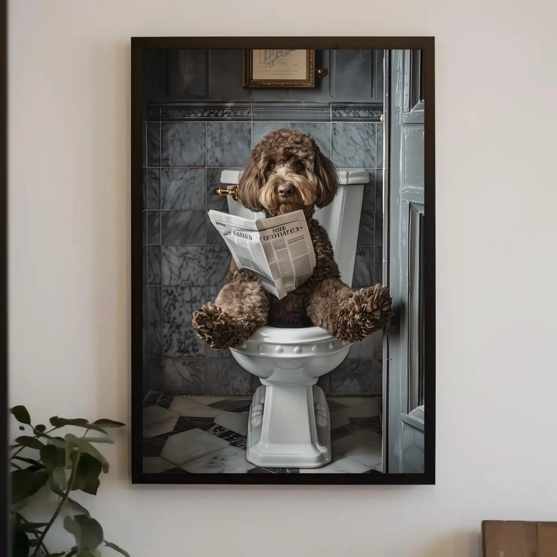 Chocolate Doodle Dog sitting on toilet reading newspaper canvas print, Toilet humour, Bathroom art, Anniversary gift, Restroom decor gift Wall Art – Canvas Print