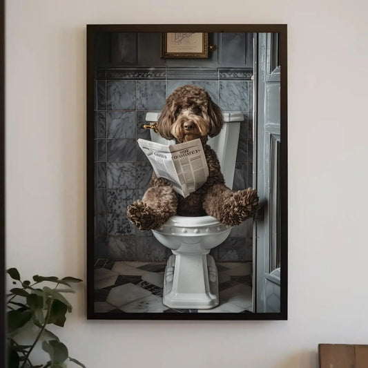 Chocolate Doodle Dog sitting on toilet reading newspaper canvas print, Toilet humour, Bathroom art, Anniversary gift, Restroom decor gift Wall Art – Canvas Print