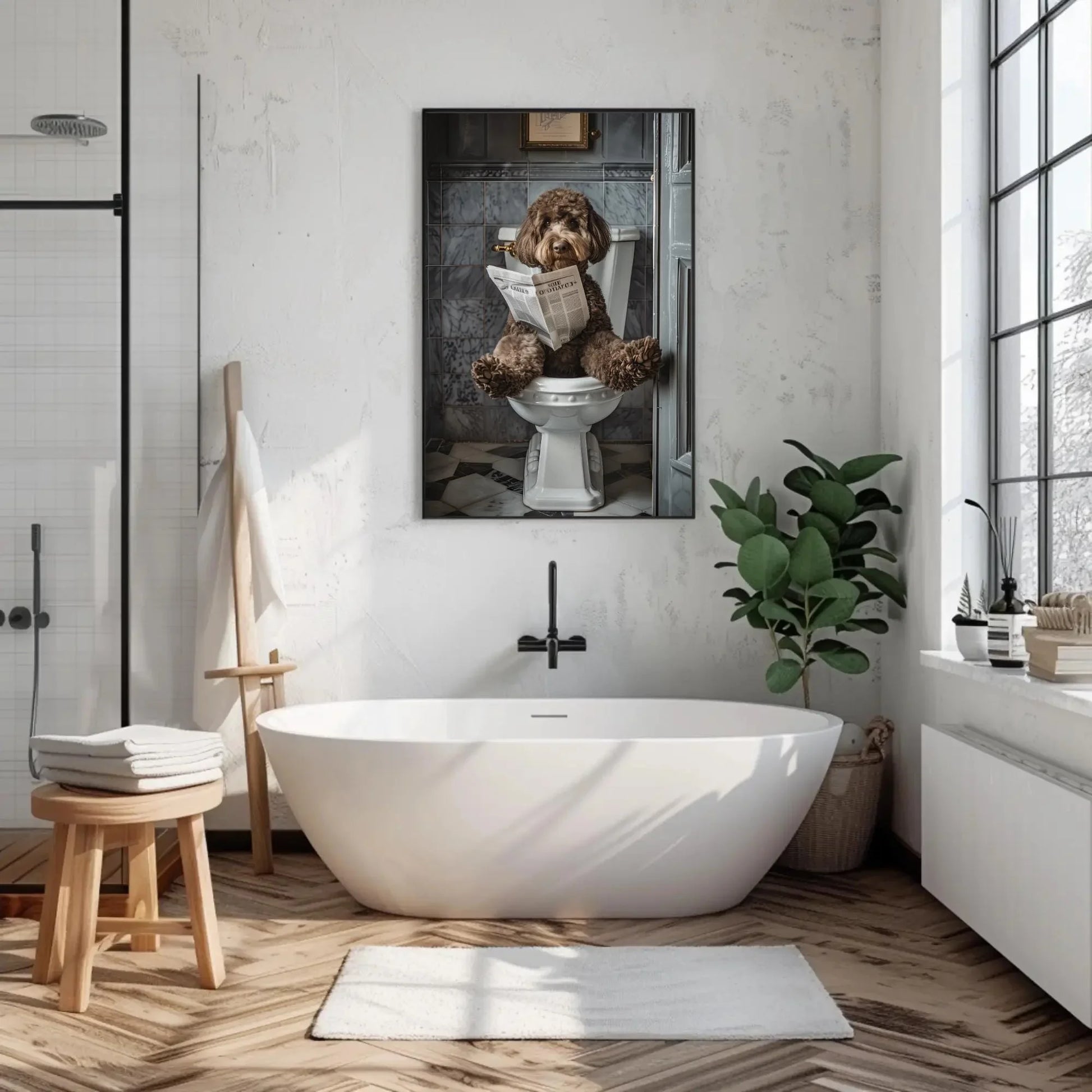 Chocolate Doodle Dog sitting on toilet reading newspaper canvas print, Toilet humour, Bathroom art, Anniversary gift, Restroom decor gift Wall Art – Canvas Print