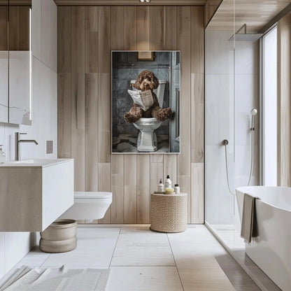 Chocolate Doodle Dog sitting on toilet reading newspaper canvas print, Toilet humour, Bathroom art, Anniversary gift, Restroom decor gift Wall Art – Canvas Print