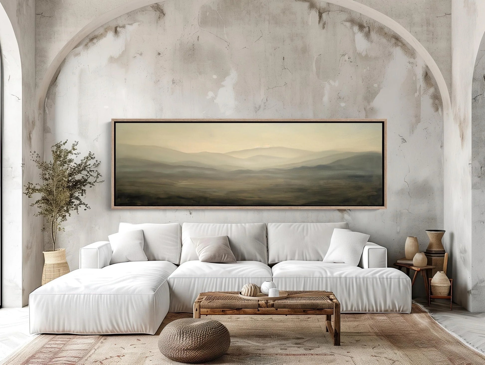 Open Field with Hills Canvas Print, Muted Colors Dark Gray and Light Beige, Long Horizontal Canvas Art, Panoramic Landscape Wall Art Wall Art – Canvas Print