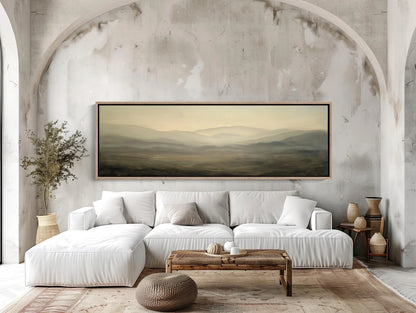 Open Field with Hills Canvas Print, Muted Colors Dark Gray and Light Beige, Long Horizontal Canvas Art, Panoramic Landscape Wall Art Wall Art – Canvas Print