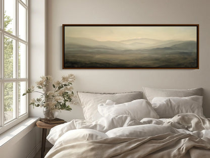 Open Field with Hills Canvas Print, Muted Colors Dark Gray and Light Beige, Long Horizontal Canvas Art, Panoramic Landscape Wall Art Wall Art – Canvas Print