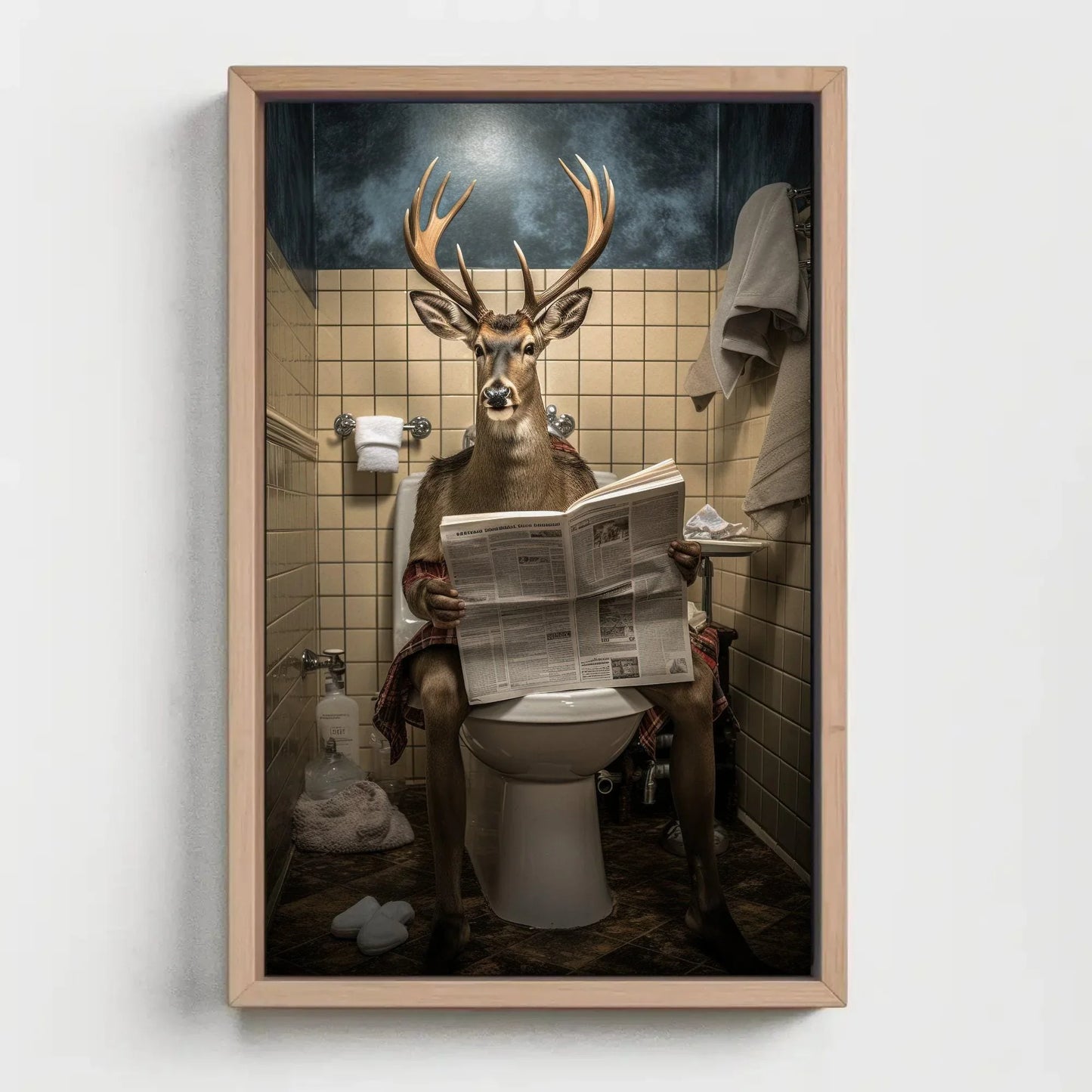 Deer With Antlers Reading Newspaper On The Toilet Animal Lovers Gift Canvas Painting Funny Bathroom Art Framed Print Toilet Humor Art Wall Art – Canvas Print