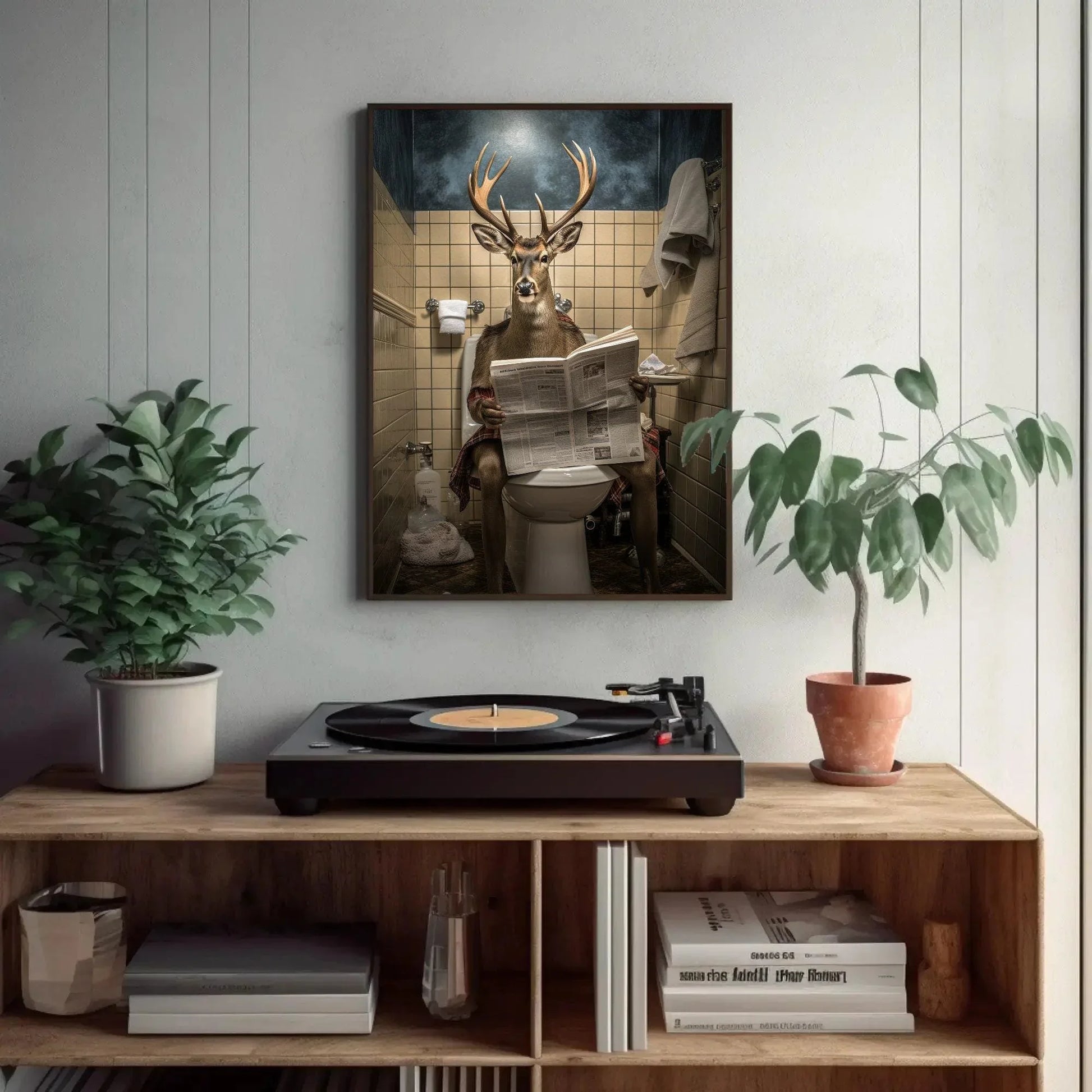 Deer With Antlers Reading Newspaper On The Toilet Animal Lovers Gift Canvas Painting Funny Bathroom Art Framed Print Toilet Humor Art Wall Art – Canvas Print