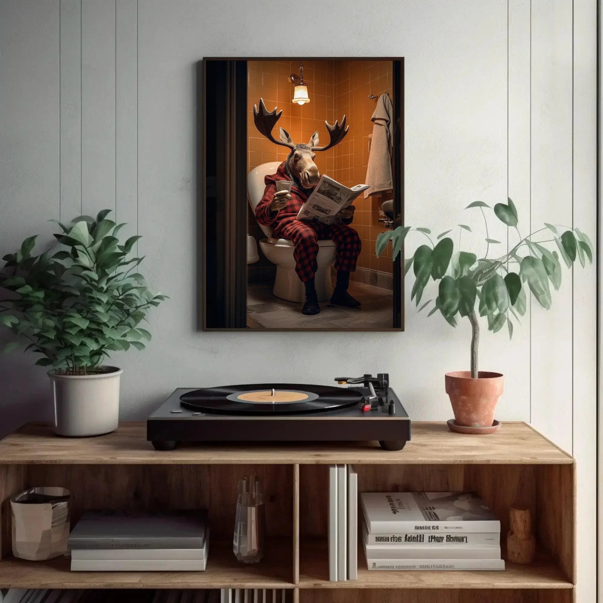 Moose Sitting On The Toilet Seat Reading Newspaper Funny Bathroom Wall Art Gift Canvas Painting Framed Print Toilet Humor Gift For Him Wall Art – Canvas Print